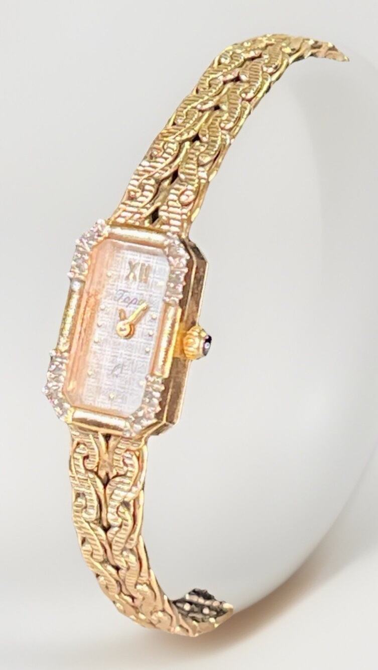 1980s TOPAZ Quartz Watch Gold Plated Diamond Bezel 5 Jewels
